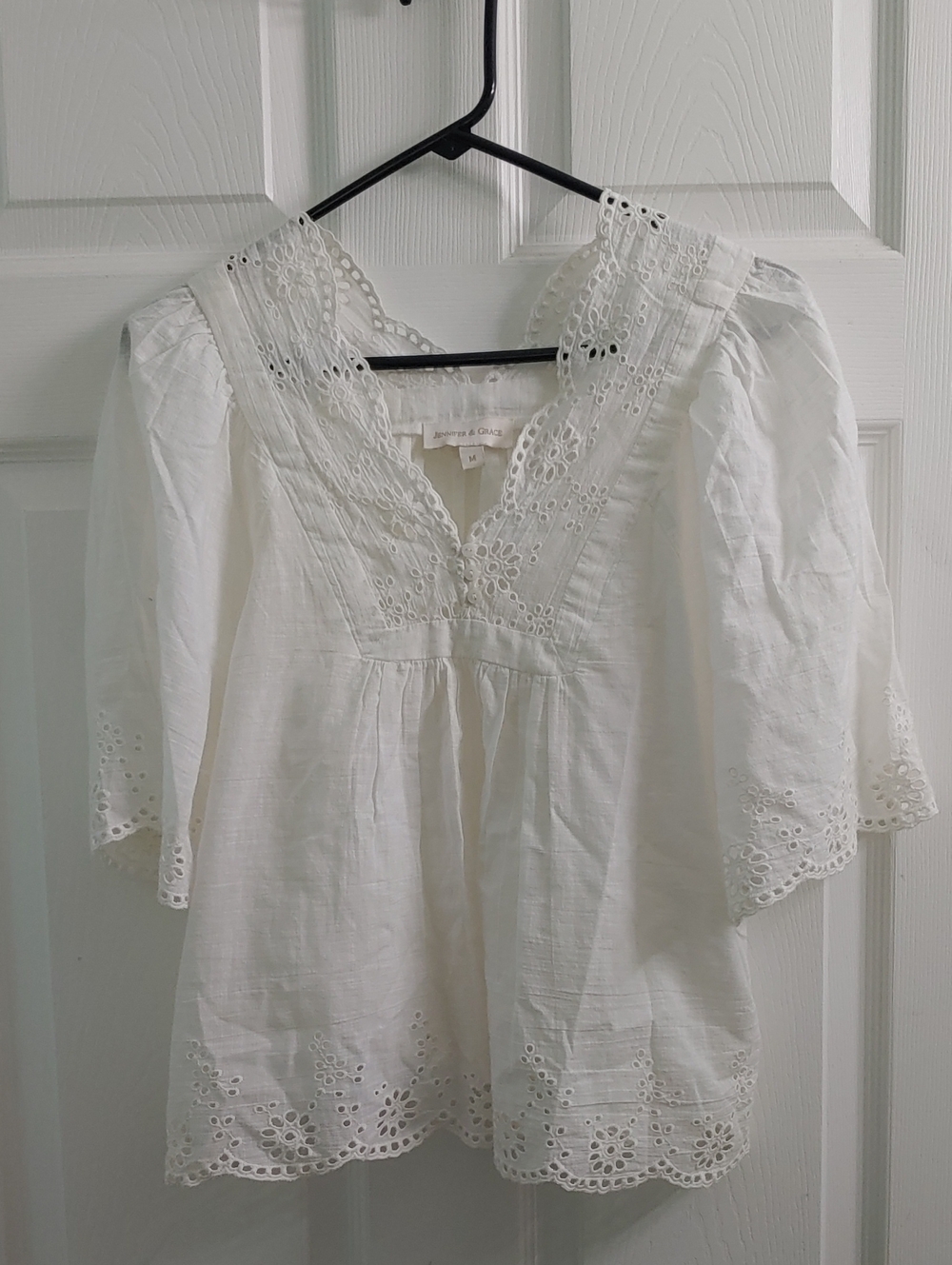 Jennifer & Grace White Eyelet Lace Top Women's M Boho Flowy Cotton Shirt